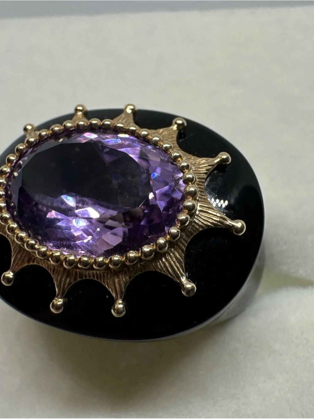 Black Onyx 14K Yellow Gold Oval Purple Amethyst Ring Size 6 Statement Piece